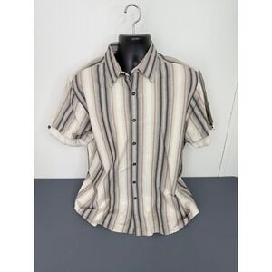 Perry Ellis Button Down Mens XL Beige Brown Vertical Stripe Short Sleeve Cotton